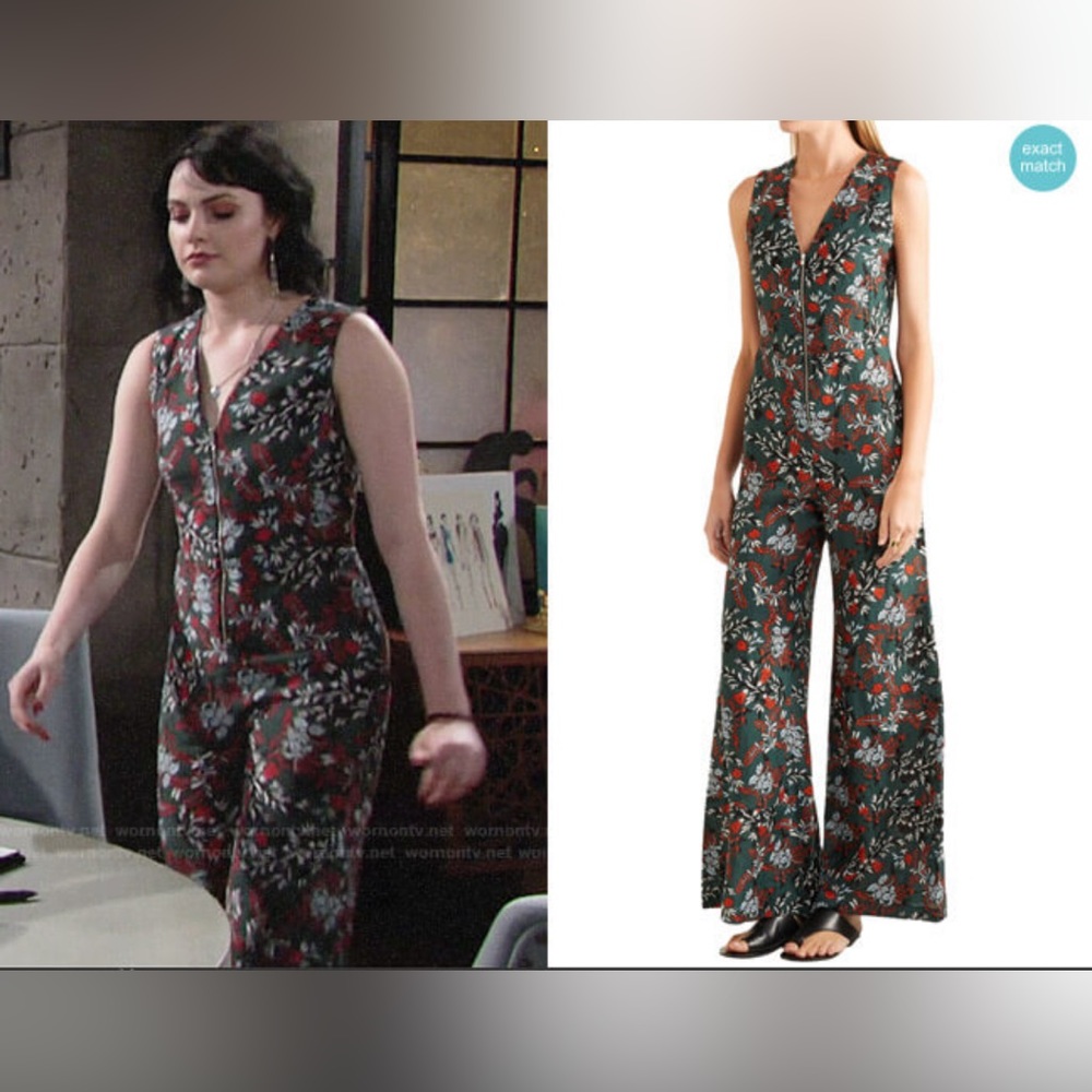 Maje Dark Green Floral V-Neck Wide-Leg Jumpsuit